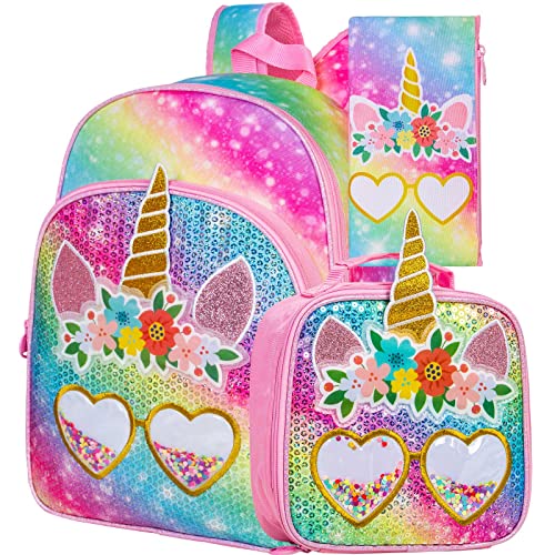 ZLYERT 3PCS Unicorn Backpack for Girls, Sequin Bookbag for Elementary Preschool Students, 16" Kids Backpacks with Lunch Box for Girl - Pink