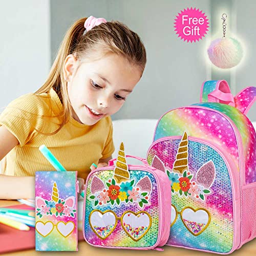 ZLYERT 3PCS Unicorn Backpack for Girls, Sequin Bookbag for Elementary Preschool Students, 16" Kids Backpacks with Lunch Box for Girl - Pink