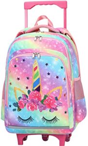 camtop 18 inch rolling backpack girls travel roller bag with wheels kids school bags wheeled luggage backpack (galaxy-rainbow)