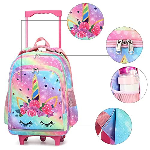 CAMTOP 18 Inch Rolling Backpack Girls Travel Roller Bag with Wheels Kids School Bags Wheeled Luggage Backpack (Galaxy-Rainbow)