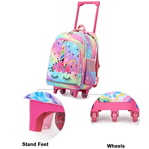 CAMTOP 18 Inch Rolling Backpack Girls Travel Roller Bag with Wheels Kids School Bags Wheeled Luggage Backpack (Galaxy-Rainbow)