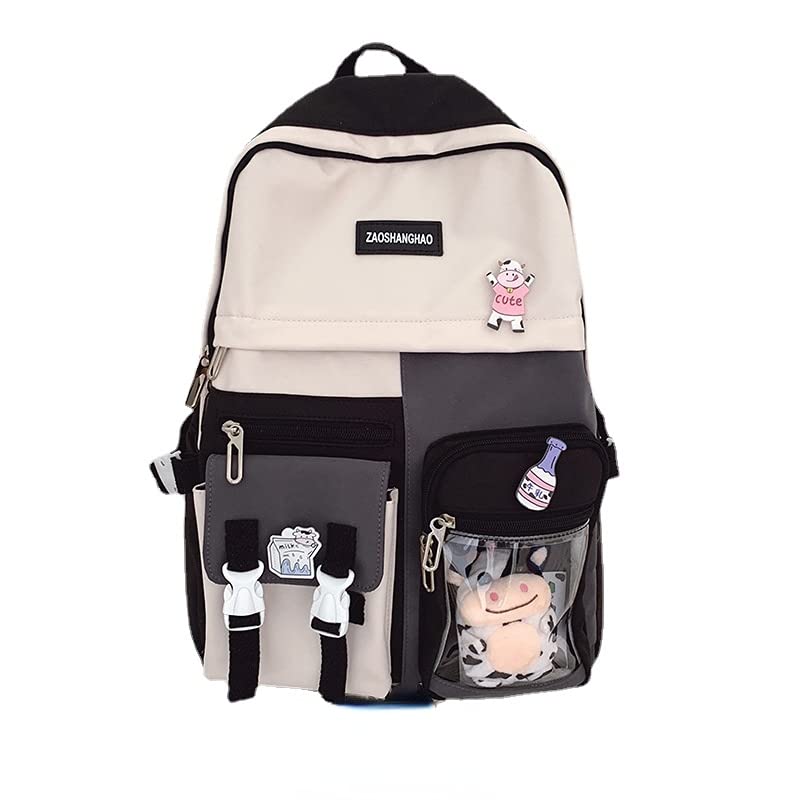 HeiBao Kawaii Backpack for Teen Girls Aesthetic Student Bookbags with Cute Accessories cow decoration nylon waterproof