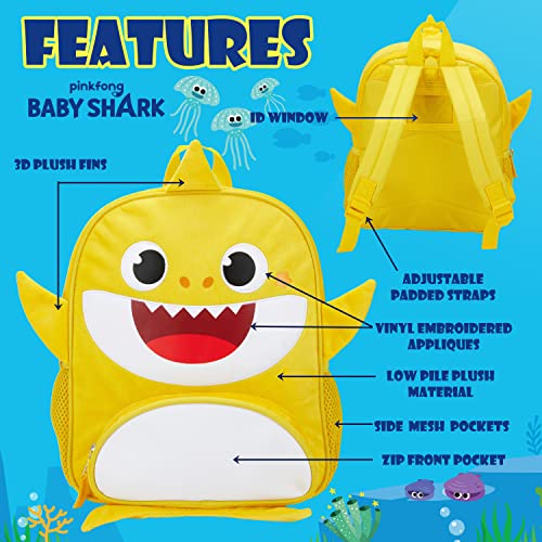 AI ACCESSORY INNOVATIONS BABY SHARK for Girls & Boys for Kindergarten & Elementary School, 12 Inch, Plush with 3D Fins & Appliques, Adjustable Straps & Padded Back, Lightweight Travel Bag for Kids
