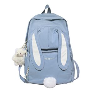 vtyubx kawaii bunny ear backpack with cute bear pendant for girl school bag book bag travel backpack for student teen lolita jk (blue,large) (01)