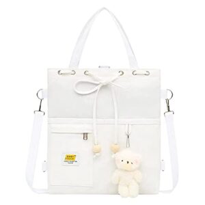 kawaii backpack with plushies adjustable hooks crossbody bag shoulder bag hand tote cute aesthetic backpack for school girls (white)