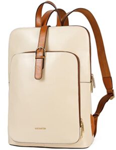 bostanten leather laptop backpack for women, 15.6 inch computer backpack college business large daypack work travel bag beige with brown