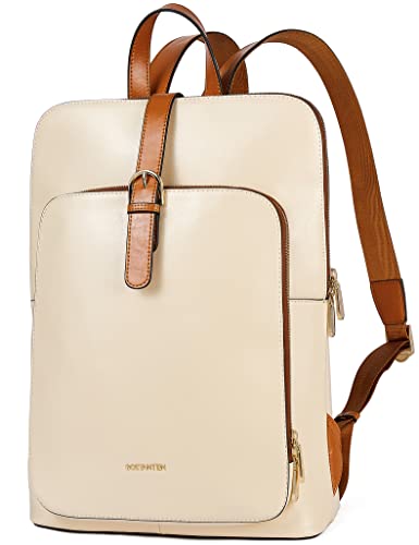 BOSTANTEN Leather Laptop Backpack for Women, 15.6 inch Computer Backpack College Business Large Daypack Work Travel Bag Beige with Brown