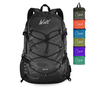 wolt packable hiking backpack, 40l waterproof lightweight hiking daypack, foldable backpack with wet pocket for travel, camping, outdoor sports (black)