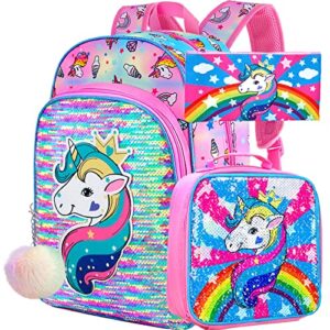 gxtvo 3PCS Unicorn Backpack for Girls, 16" Sequin Prechool Elementary Bookbag and Lunch Box