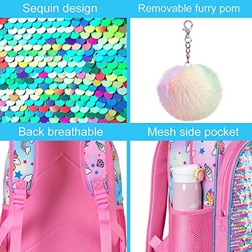 gxtvo 3PCS Unicorn Backpack for Girls, 16" Sequin Prechool Elementary Bookbag and Lunch Box