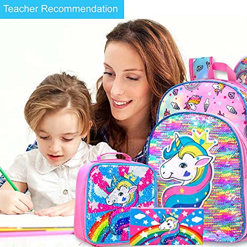 gxtvo 3PCS Unicorn Backpack for Girls, 16" Sequin Prechool Elementary Bookbag and Lunch Box