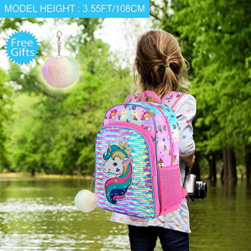 gxtvo 3PCS Unicorn Backpack for Girls, 16" Sequin Prechool Elementary Bookbag and Lunch Box