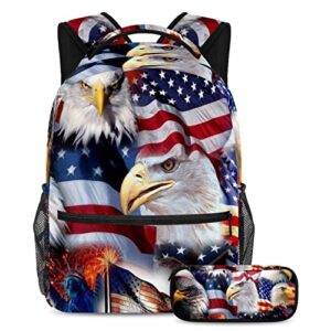 kigauru school backpack for teens girls boys, american flag bald eagle bookbag travel daypack pencil case, multicolor 02, 29.4x20x40cm/11.5x8x16 in