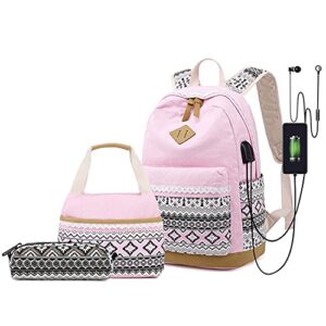 leaper geometric laptop backpack school bag lunch bag pencil bag 3 in 1 set pink