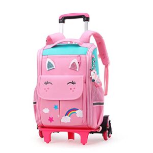 girls rolling backpack with 6 wheels, 16 inch lightweight roller backpacks for girls elementary, carry-on wheeled backpack for school travel, 4+ years old, pink