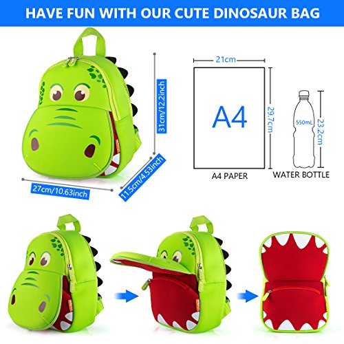 yisibo Dinosaur Backpack Toddler Backpack for Boys Girls Waterproof Preschool Travel Kids Bookbag Backpack for 2-7 Years(Green)