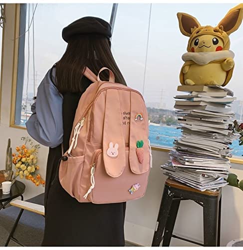 Kawaii Bunny Backpack Cute Bunny Ears Backpack for School Girl Teens Waterproof Carrot Satchel Travel Bag Bookbag School Bag (Pink, Large)