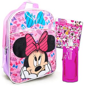 disney minnie mouse mini backpack for girls, kids ~ 3 pc bundle with 12″ minnie school bag, water pouch, stickers, and more (minnie mouse school supplies set)