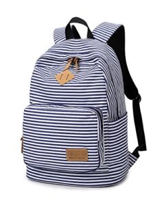 ahyapiner striped canvas backpack shoulder bag women casual travel daypack blue one size