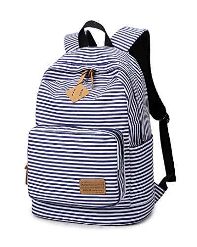 Ahyapiner Striped Canvas Backpack Shoulder Bag Women Casual Travel Daypack Blue One Size