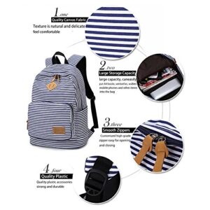 Ahyapiner Striped Canvas Backpack Shoulder Bag Women Casual Travel Daypack Blue One Size