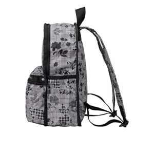 LeSportsac Suiting Floral Basic Backpack/Rucksack, Style 7812/Color E435, Classic Black & White Glen Plaid Softened with Artfully Arranged Modern Slate Grey Abstract Flowers