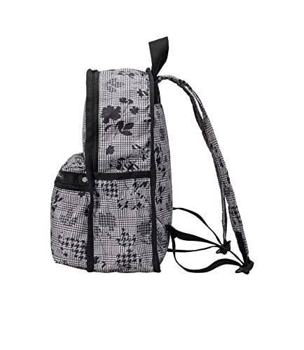 LeSportsac Suiting Floral Basic Backpack/Rucksack, Style 7812/Color E435, Classic Black & White Glen Plaid Softened with Artfully Arranged Modern Slate Grey Abstract Flowers