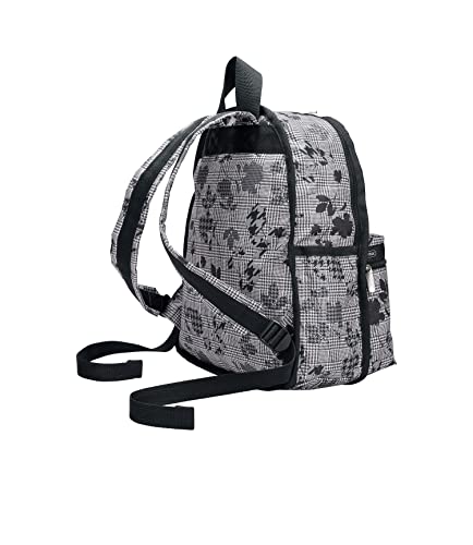 LeSportsac Suiting Floral Basic Backpack/Rucksack, Style 7812/Color E435, Classic Black & White Glen Plaid Softened with Artfully Arranged Modern Slate Grey Abstract Flowers