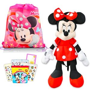 disney minnie mouse plush backpack set – bundle with minnie travel bag, drawstring bag, stickers and more (minnie shoulder bag for toddler girls)