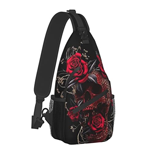 Hicyyu Rose Blood Skull Outdoor Crossbody Shoulder Bag For Unisex Young Adult Hiking Sling Backpack