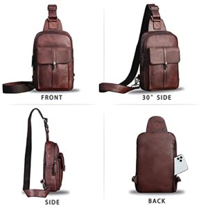 IVTG Genuine Leather Sling Bag Casual Shoulder Hiking Backpack Vintage Handmade Crossbody Bag Retro Chest Daypack (Coffee)