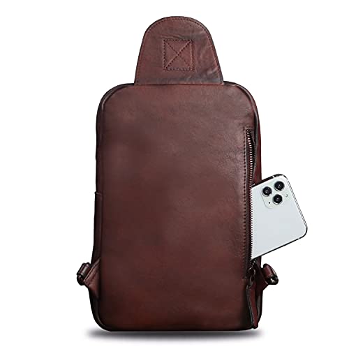 IVTG Genuine Leather Sling Bag Casual Shoulder Hiking Backpack Vintage Handmade Crossbody Bag Retro Chest Daypack (Coffee)