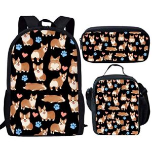 UNICEU Girl Boy Student Cute Lunch Bag Pencil Case Corgi Dog Printed School Backpack 3 Sets