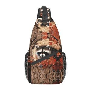 raccoon in the fall tree hole man woman sling backpack multipurpose chest bag travel daypack anti-theft cross body bag