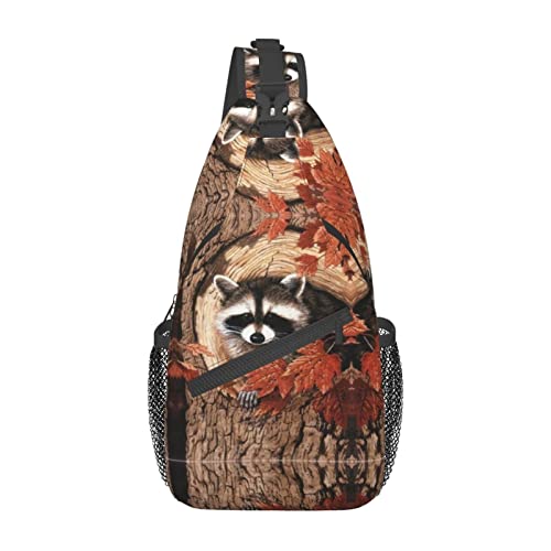 Raccoon In The Fall Tree Hole Man Woman Sling Backpack Multipurpose Chest Bag Travel Daypack Anti-Theft Cross Body Bag