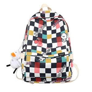 kowvowz kawaii checkerboard bear backpack girl women teen with duck pendant cute college high school backpack laptop bookbag (black)