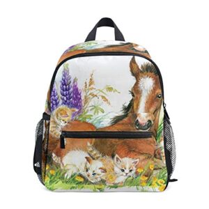 OREZI Cute toddler Backpack for Boy Girl,Floral Horse and Kitten Kid's Schoolbag Preschool Bag Travel Bacpack with Chest Clip