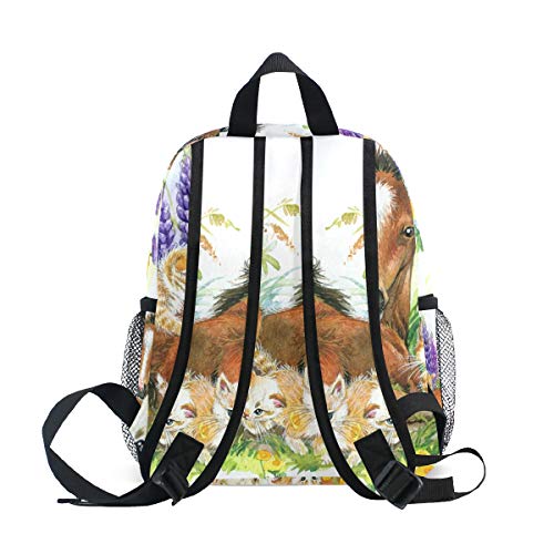 OREZI Cute toddler Backpack for Boy Girl,Floral Horse and Kitten Kid's Schoolbag Preschool Bag Travel Bacpack with Chest Clip