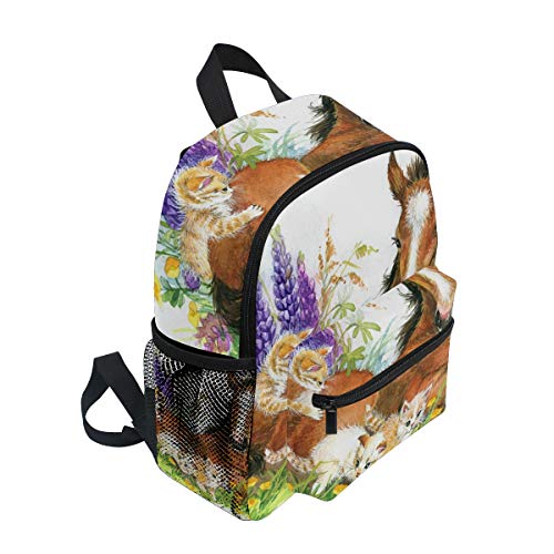 OREZI Cute toddler Backpack for Boy Girl,Floral Horse and Kitten Kid's Schoolbag Preschool Bag Travel Bacpack with Chest Clip