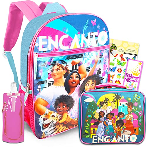 Encanto Backpack with Lunch Box Set - Bundle with Encanto Backpack, Encanto Lunch Bag, Water Bottle, Stickers, More | Encanto Backpack for Girls Disney