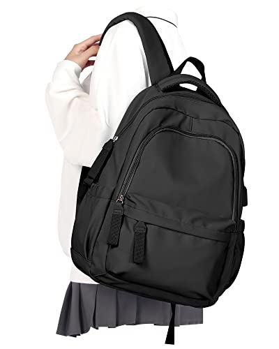 Small Backpack For School Girls Boys Aesthetic Lightweight Travel Daypack Simple Cute Backpack For Women Men Waterproof College High School Bookbag Fit 14 Inch Laptop With USB charging port,Black