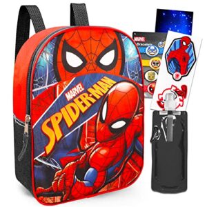 spiderman mini backpack set – bundle with 11″ spiderman backpack for boys 4-6, spiderman stickers, avengers bracelet, water bottle, more | marvel backpack