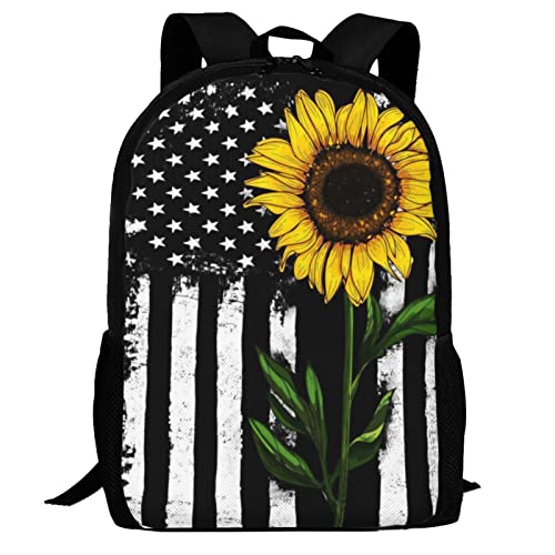 URTEOM Comfortable School Bookbag Backpack Sunflower With Distressed American Flag Adjustable Shoulder Straps Laptop Daypack for School Office Library Shopping Climbing Yoga Beach