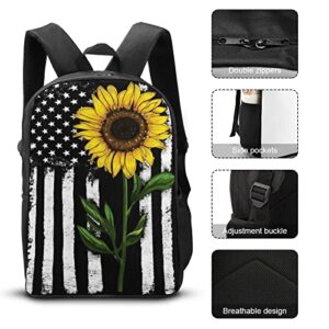 URTEOM Comfortable School Bookbag Backpack Sunflower With Distressed American Flag Adjustable Shoulder Straps Laptop Daypack for School Office Library Shopping Climbing Yoga Beach