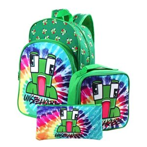 17 inch kids bookbag 3-piece set boys pencil case backpack tie-dye printed travel bag girls game fan gift, green