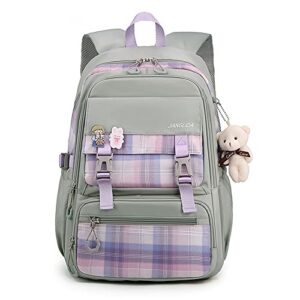 aesthetic backpack for school, cute girls preppy book bag, kawaii large capacity middle school plaid backpack for teenagers (grey)