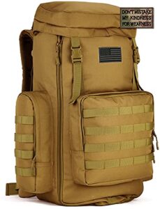 sunformorning large tactical hiking daypack 70-85l military molle assault backpack army traveling camping pack bug out bag outdoor rucksack (rain cover & 2 patch included), brown