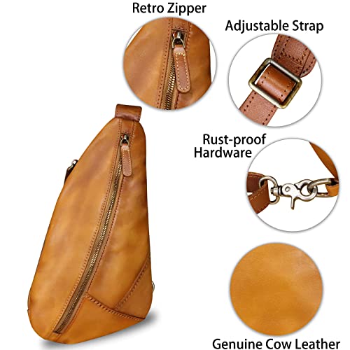 Genuine Leather Sling Bag Crossbody Motorcycle Bag Handmade Chest Bag Hiking Daypack Retro Shoulder Backpack Vintage (LightBrown)