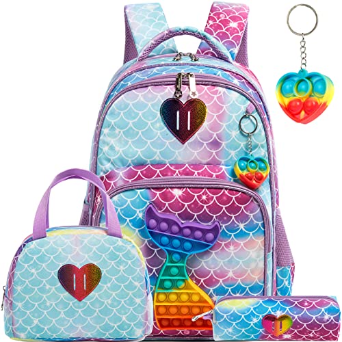 Mermaid Backpack for Girls Backpacks for Elementary Preschool Student with Lunch Box Pencil Case 3 in 1 Bookbag for Girls for School