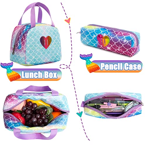 Mermaid Backpack for Girls Backpacks for Elementary Preschool Student with Lunch Box Pencil Case 3 in 1 Bookbag for Girls for School